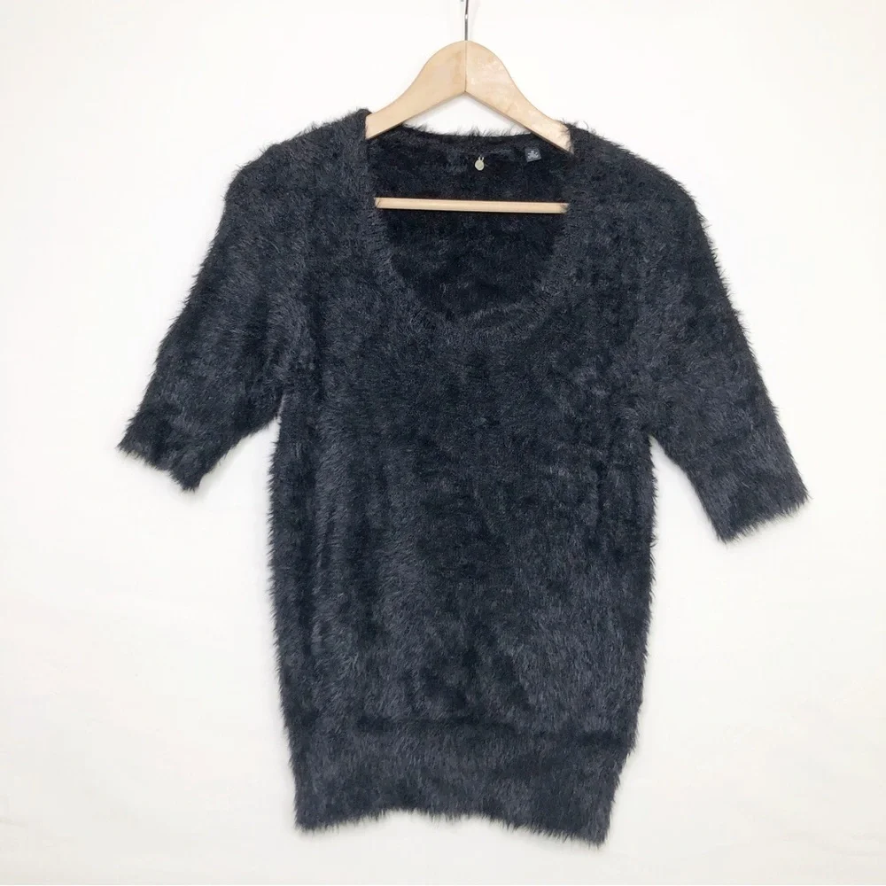 Knitted and knotted black, eyelash, scoop, neck sweater